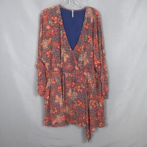 Free People Dress Womens Medium Teegan Mini Floral Chiffon Boho Faux Wrap